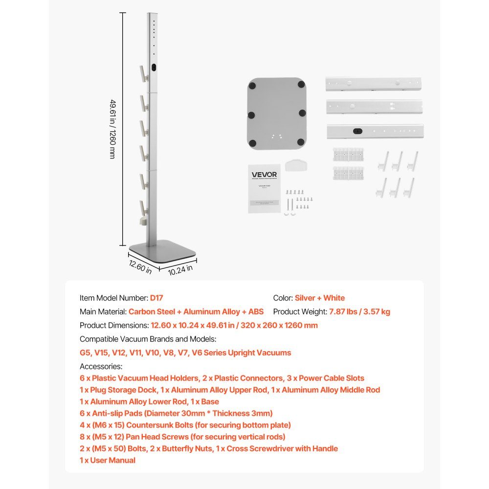 Support d'aspirateur 126 cm compatible avec les aspirateurs verticaux et accessoires Dyson G5 V15 V12 V11 V10 V8 V7 V6 Series Support de sol avec 6 crochets et patins antidérapants Argenté
