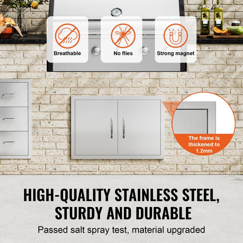 Grill Access Door 711x482mm Double Outdoor Kitchen Door Flush Mount Stainless Steel Door Vertical Wall Door with Handles for Grill Island Grill Station Outdoor Cabinet