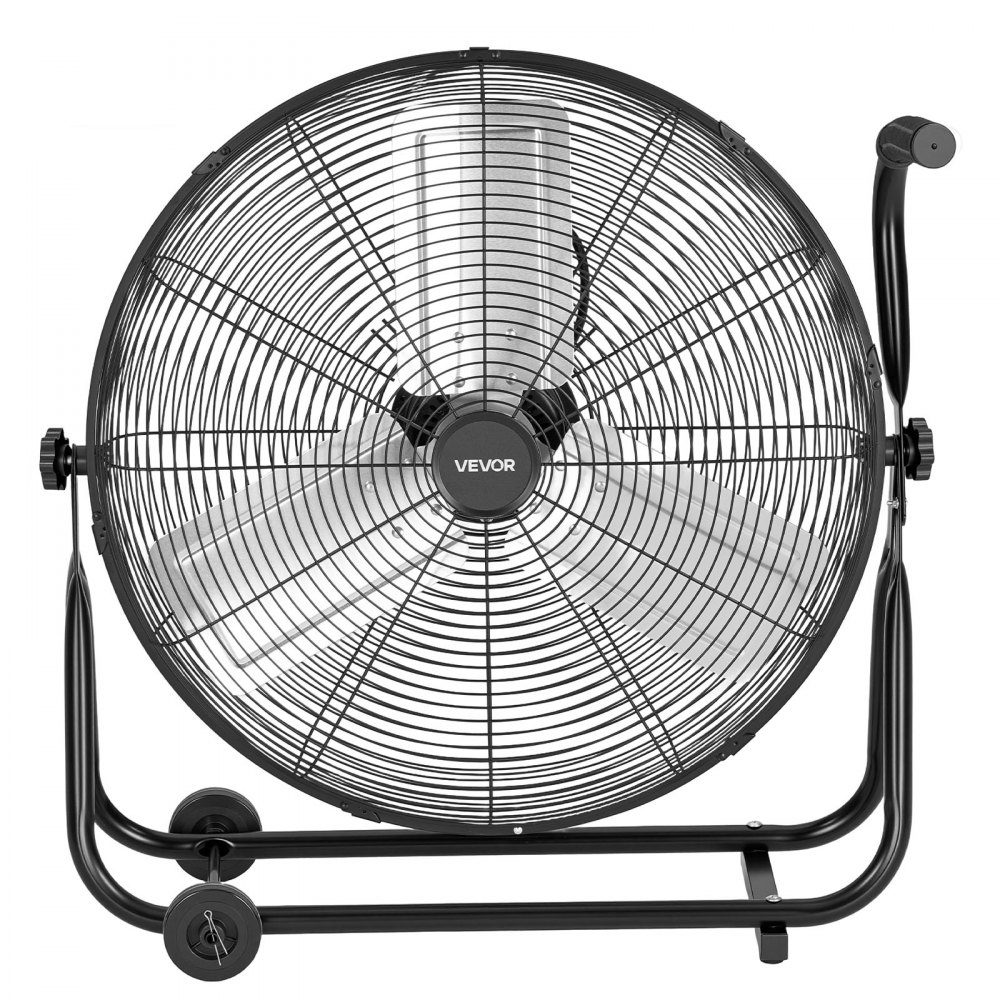Vloerventilator Ø609,6mm, windmachine 360° kantelbaar, staande ventilator met 3 snelheden, draagbare trommelventilator met handvatrollen & 1,6m kabel, industriële ventilator voor garageopslag