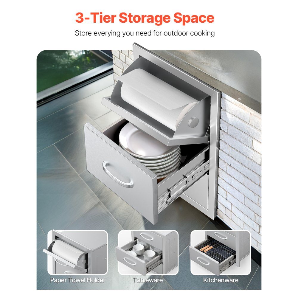 Outdoor Kitchen Drawers, Triple Access Stainless Steel Drawer Cabinet, Grill Island Drawer Storage with Paper Towel Holder and Handle, for Grill Station