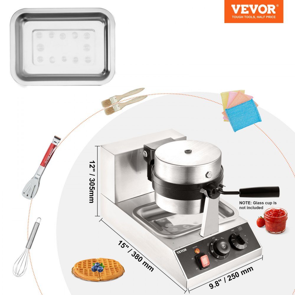 Round waffle iron waffle 1300 W, contact grill Belgian waffle iron 4 pieces. Stainless steel waffle machine including food clip, brushes and anti-scald handle, for cafes, restaurants etc