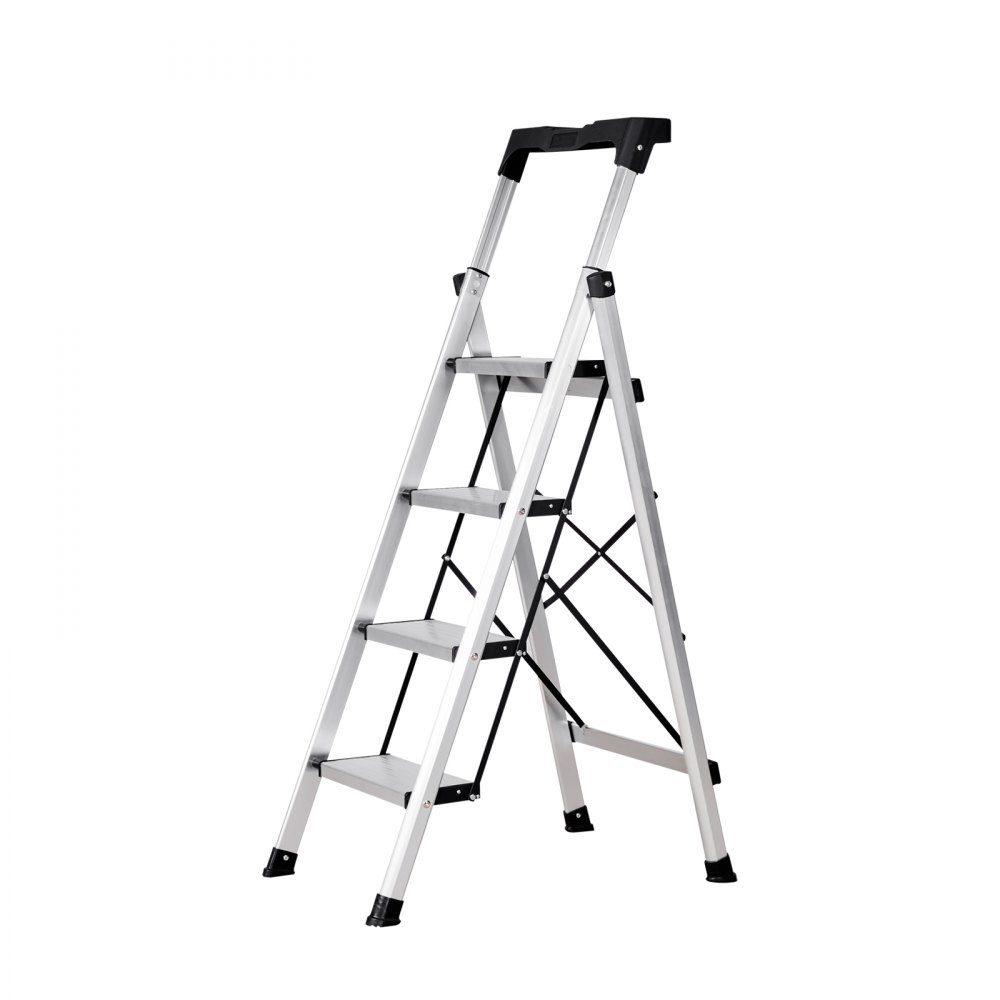 Trittleiter 4 Stufen, Klappleiter mit Anti-Rutsch-Stufen & komfortablem Griff, Haushaltsleiter Belastbarkeit 150 kg, Sicherheitsleiter aus Aluminium für Küche, Haushalt, Lager & Büro, Silber