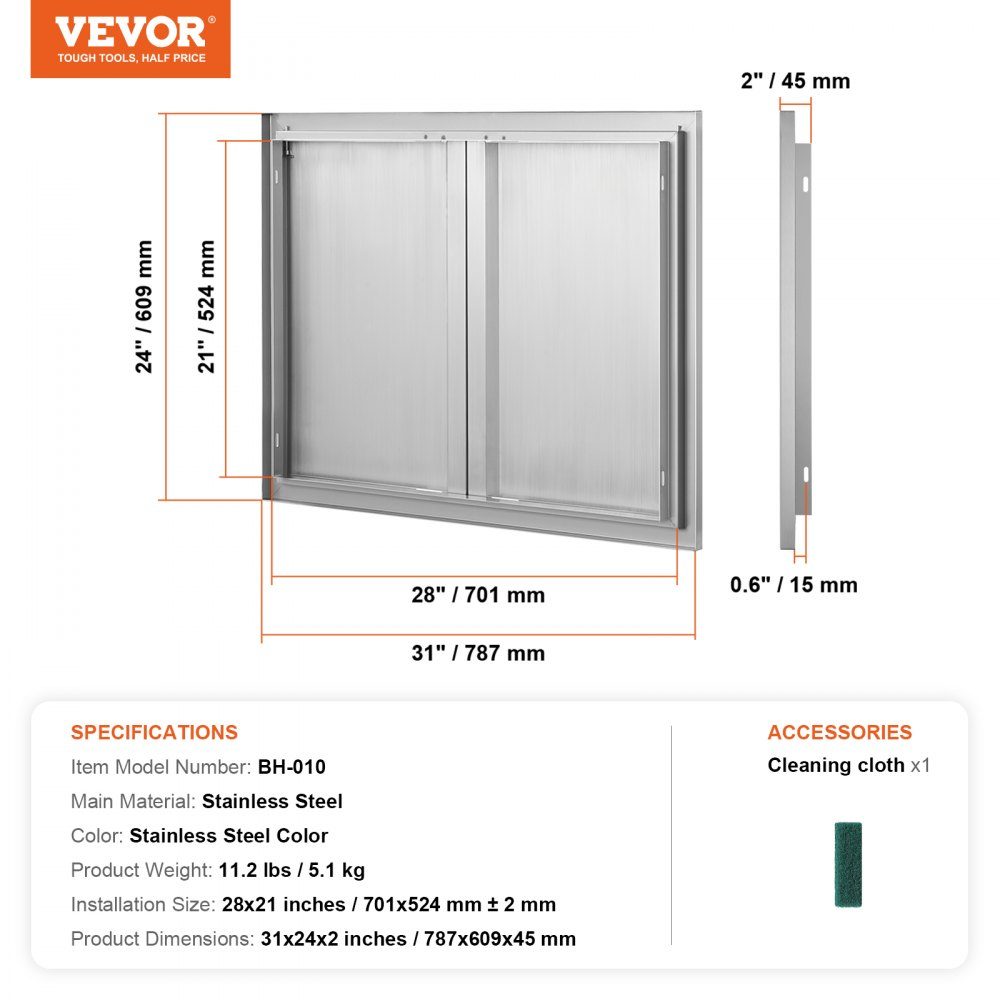 Grill Access Door 787x609mm Double Outdoor Kitchen Door Flush Mount Stainless Steel Door Vertical Wall Door with Retractable Handles for Grill Island Grill Station Outdoor Cabinet
