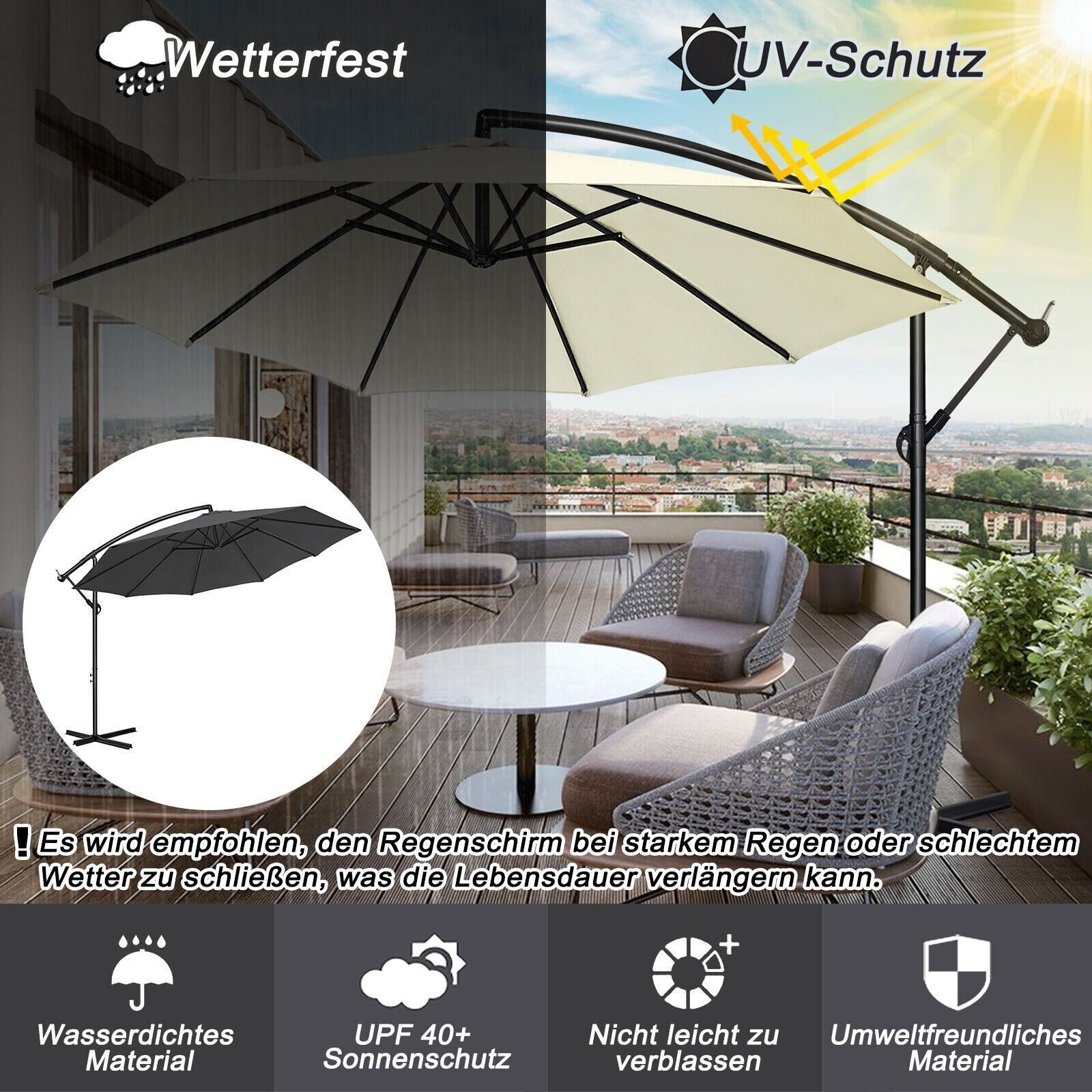 Parasol 350 cm, zweefparasol, zwengel, marktparasol, tuin, waterdicht, donkergrijs