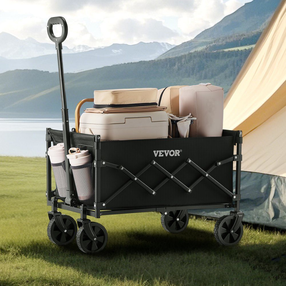 Chariot à bras 66 x 45 x 46 cm, 102 kg, chariot pliable avec roues tout-terrain, chariot utilitaire d'extérieur avec poignée réglable, chariot de camping pour plage, épicerie, jardin, noir