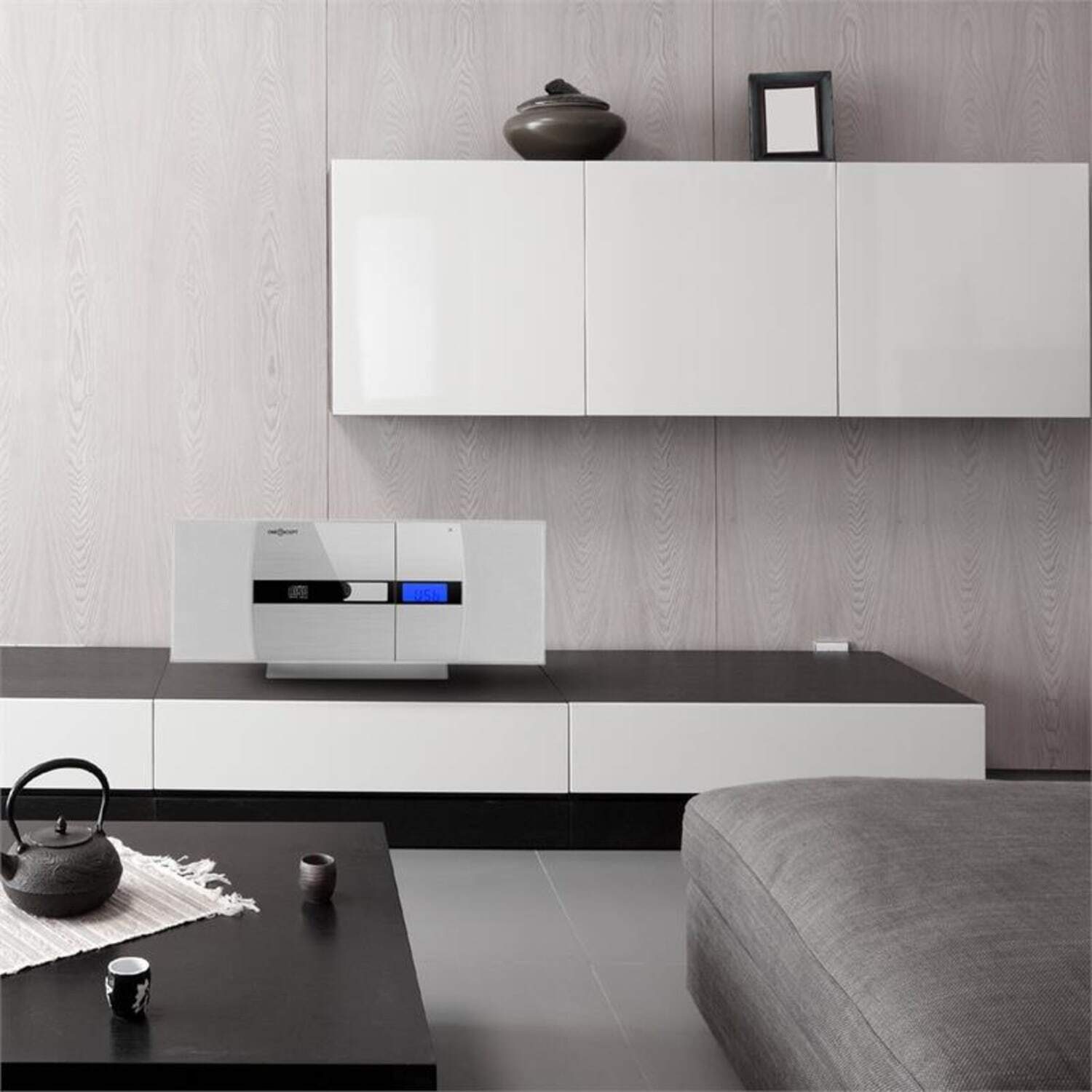 Vertical stereo system, micro CD player, wall radio tuner, alarm clock, USB audio
