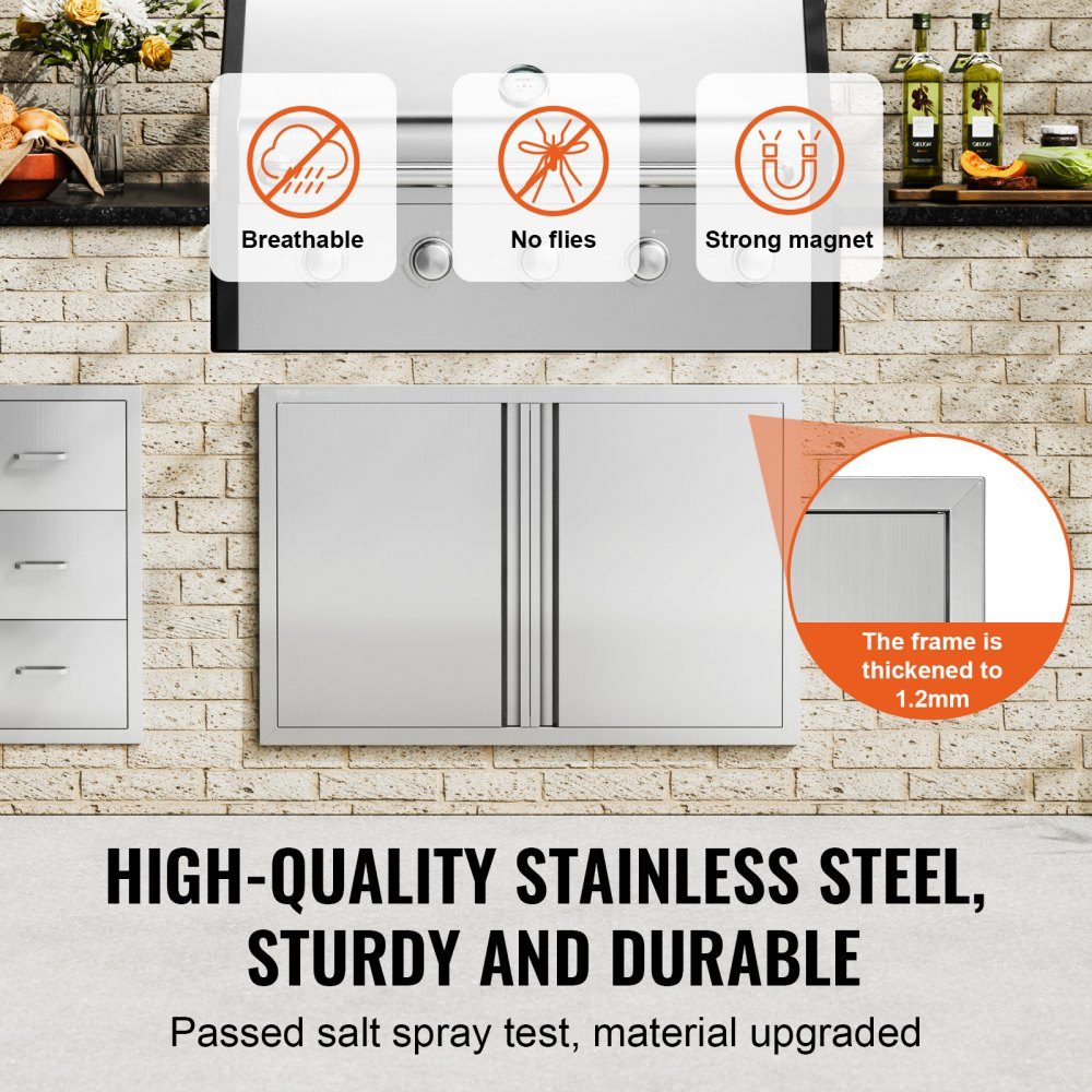 Grill Access Door 914x610mm Double Outdoor Kitchen Door Flush Mount Stainless Steel Door Vertical Wall Door with Retractable Handles for Grill Island Grill Station Outdoor Cabinet