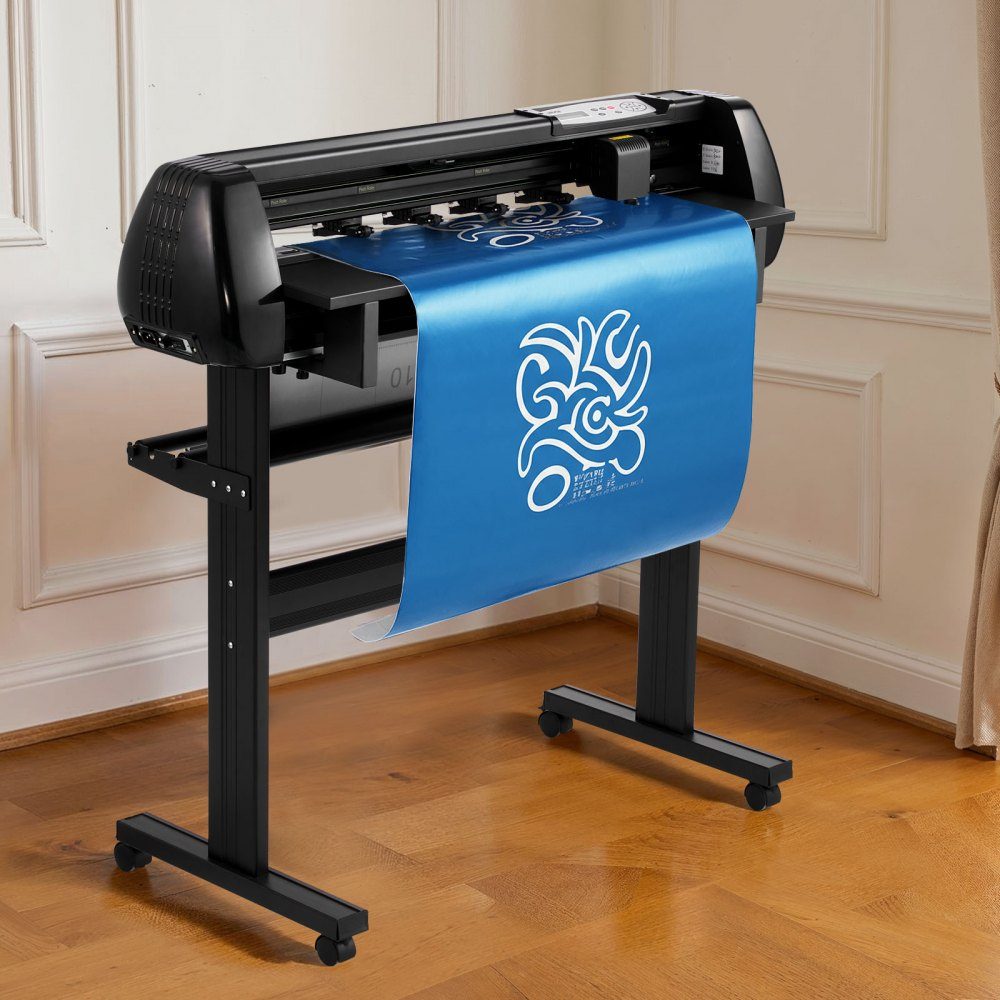 Vinyl cutting machine with 87 cm maximum feed width, double knives and LED display, adjustable vinyl cutting plotter set with sticker sheets, transfer films and Signmaster software