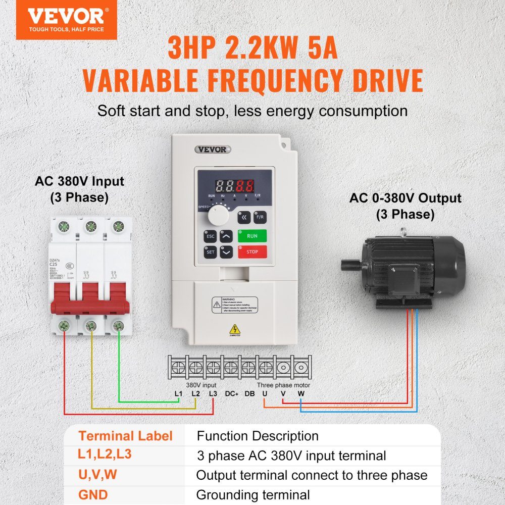 VFD 3HP 2.2kW 5A 3 phase AC 380V input to 3 phase AC 0-380V output frequency converter 50/60Hz input 0-2000Hz output