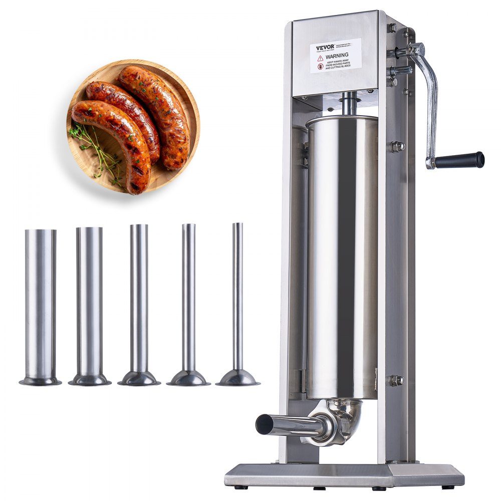 Remplisseuse de saucisses manuelle, machine à saucisses verticale de 7 L/15 lb, remplisseuse de viande à deux vitesses, en acier inoxydable 304 de qualité alimentaire, comprend 5 tubes de remplissage, pour la maison, la cuisine, le restaurant, le commerce
