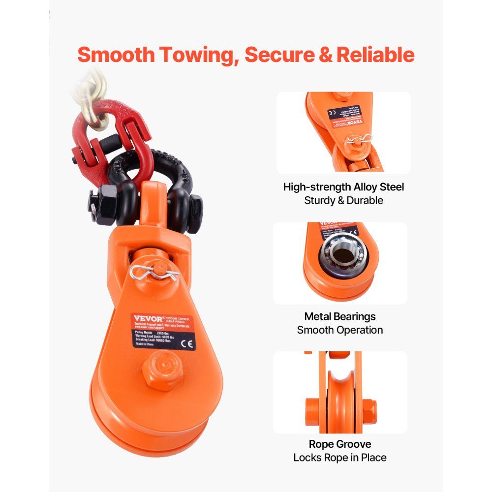 2 ton pulley with G80 chain, swivel shackle, 74mm pulley for 3/8" wire rope, forestry winch for towing and recovery applications on flatbed trailers and rollback tow trucks