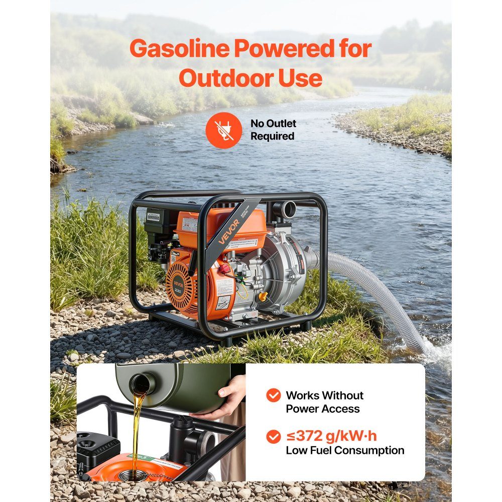 Benzin-Wasserpumpe 49,9 m Förderhöhe, Schmutzwasserpumpe 6 PS, tragbare Motorpumpe, Benzinmotor mit 762 cm Auslaufschlauch, Gusslaufrad, Gartenpumpe für Bewässerung, Teiche & Pools