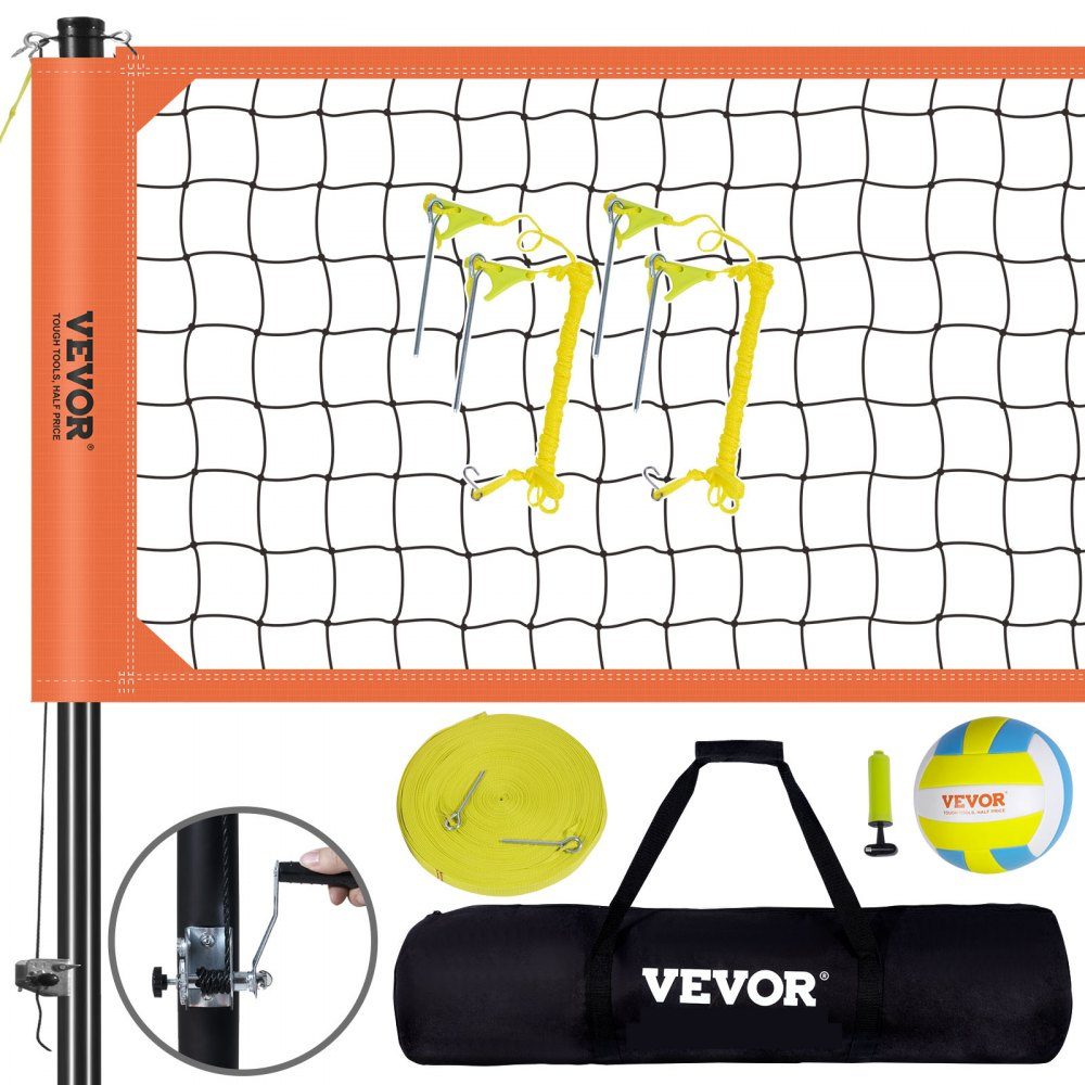 Volleyball Net Height Adjustable Volleyball Net Set, 9.7x2.4m Portable Beach Volleyball Net, Orange Volleyball Net, Foldable Volleyball Net with Volleyball & Carry Bag, for Garden, Beach