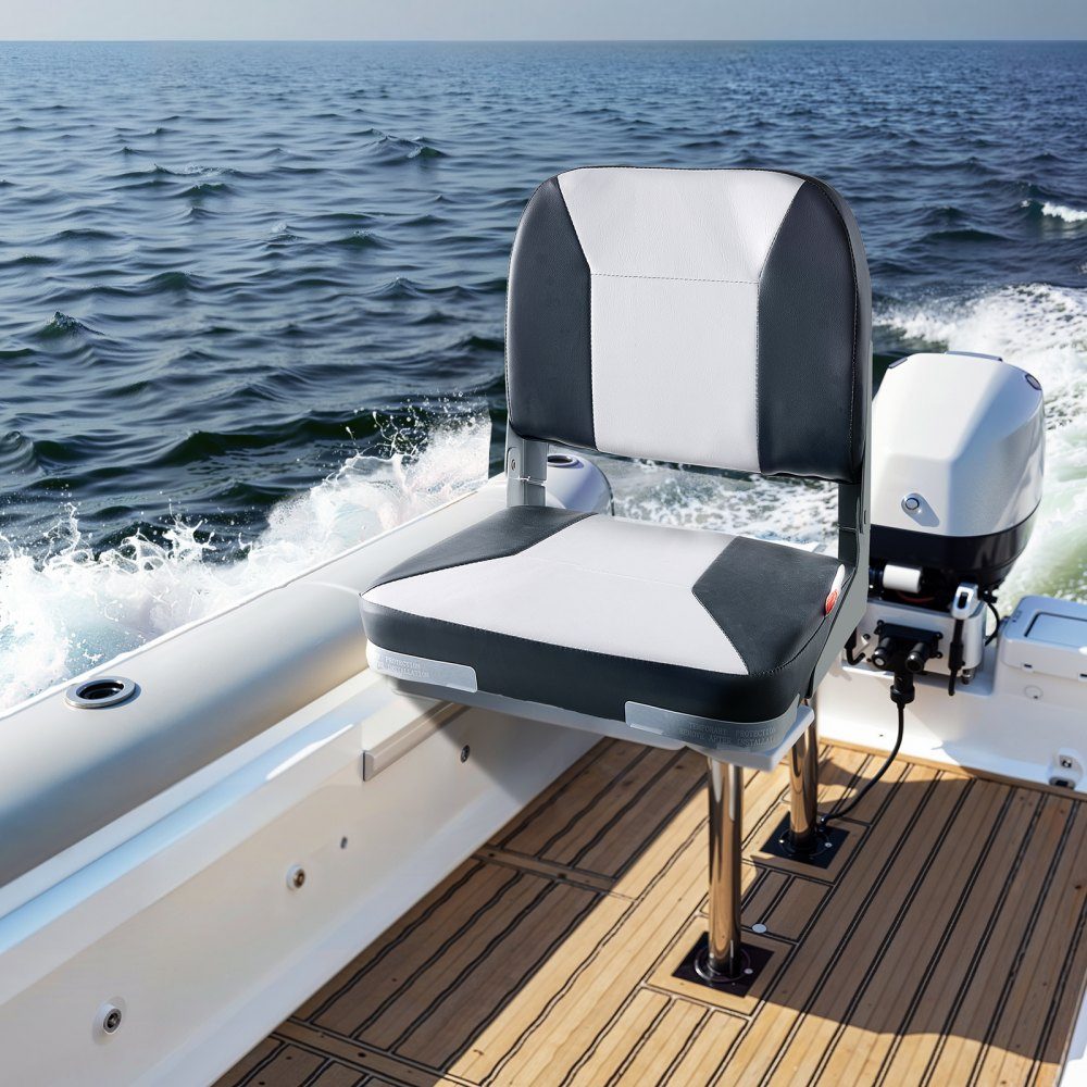 1 Piece Boat Seat Low Back Folding Fishing Boat Seat with Thick Sponge Cushion and Waterproof PVC Leather Aluminum Alloy Hinges Black Gray