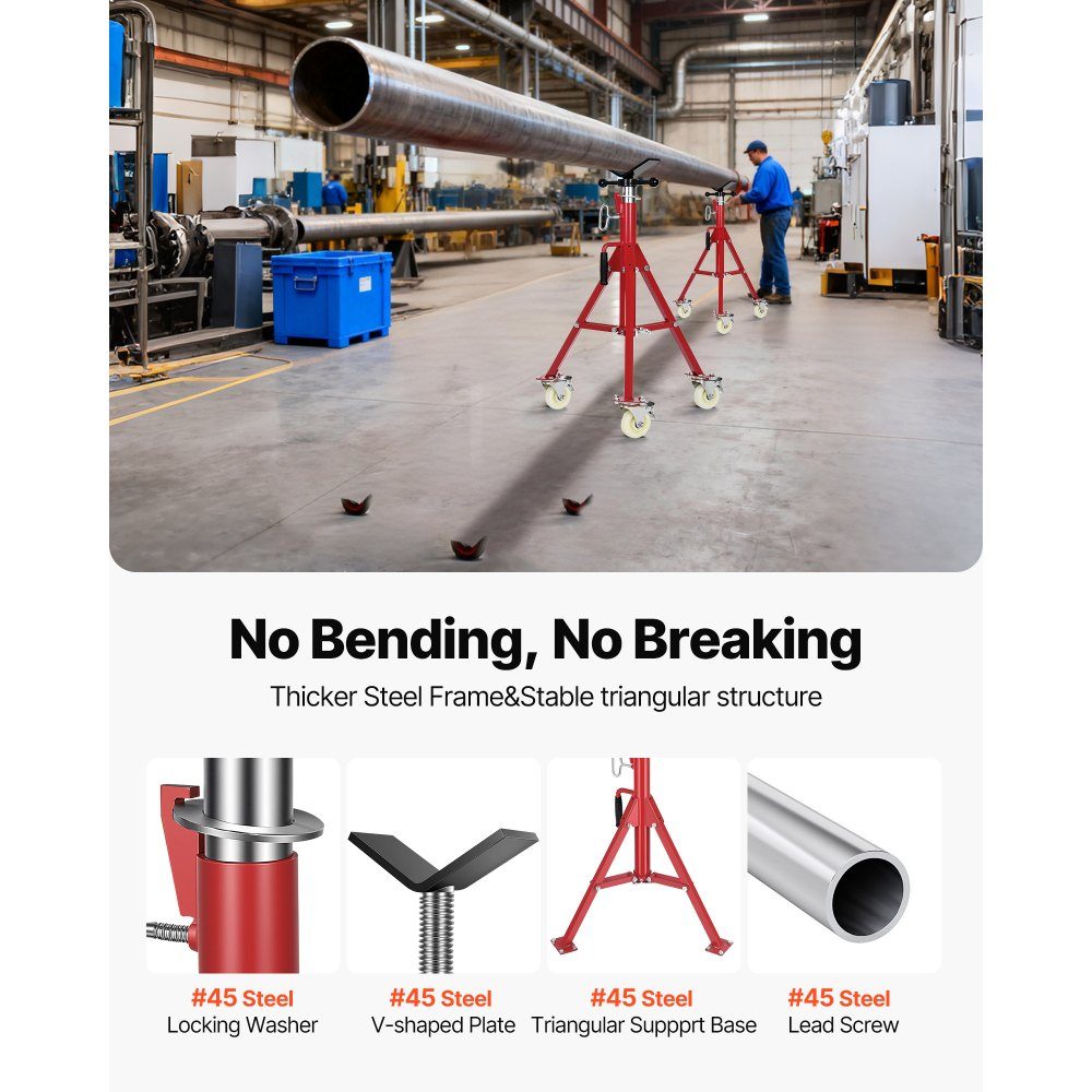 Pipe stand 400 kg load capacity, pipe support with 2 ball transfer V-head, pipe stand height adjustable 20-37 inch height, folding pipe stand for thread cutting machines rolling grooves