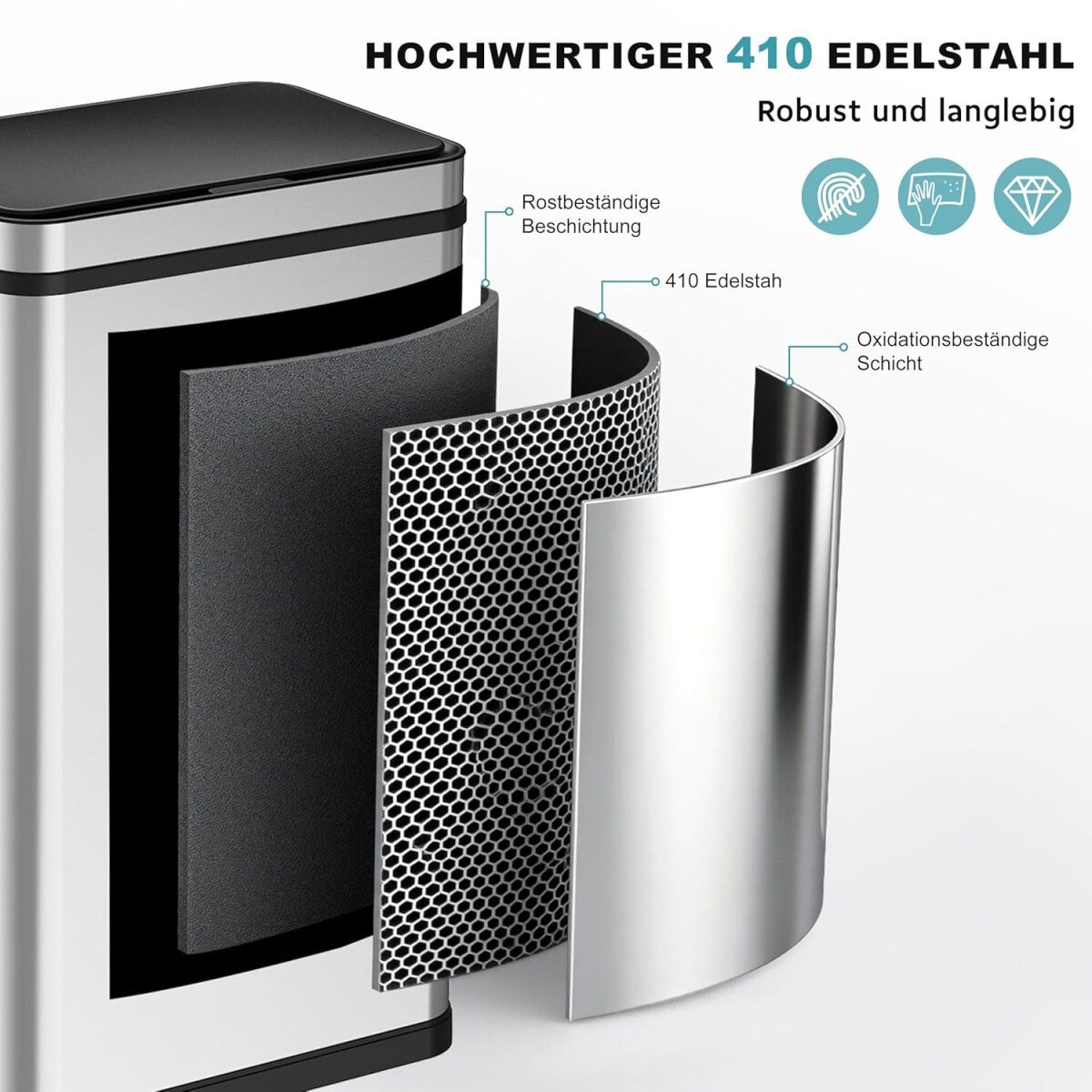 Ribelli sensorafvalbak, gemaakt van roestvrij staal, 50 L, zilver