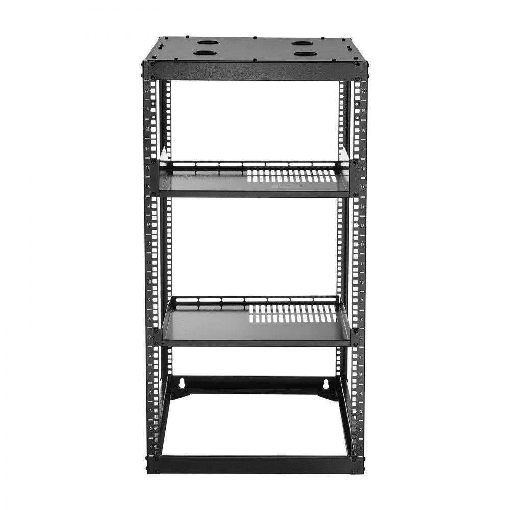 20U open frame network rack, 585mm depth, wall mount or floor standing server rack, 4 post construction, with ventilated shelves and mounting accessories, for network IT equipment and AV equipment