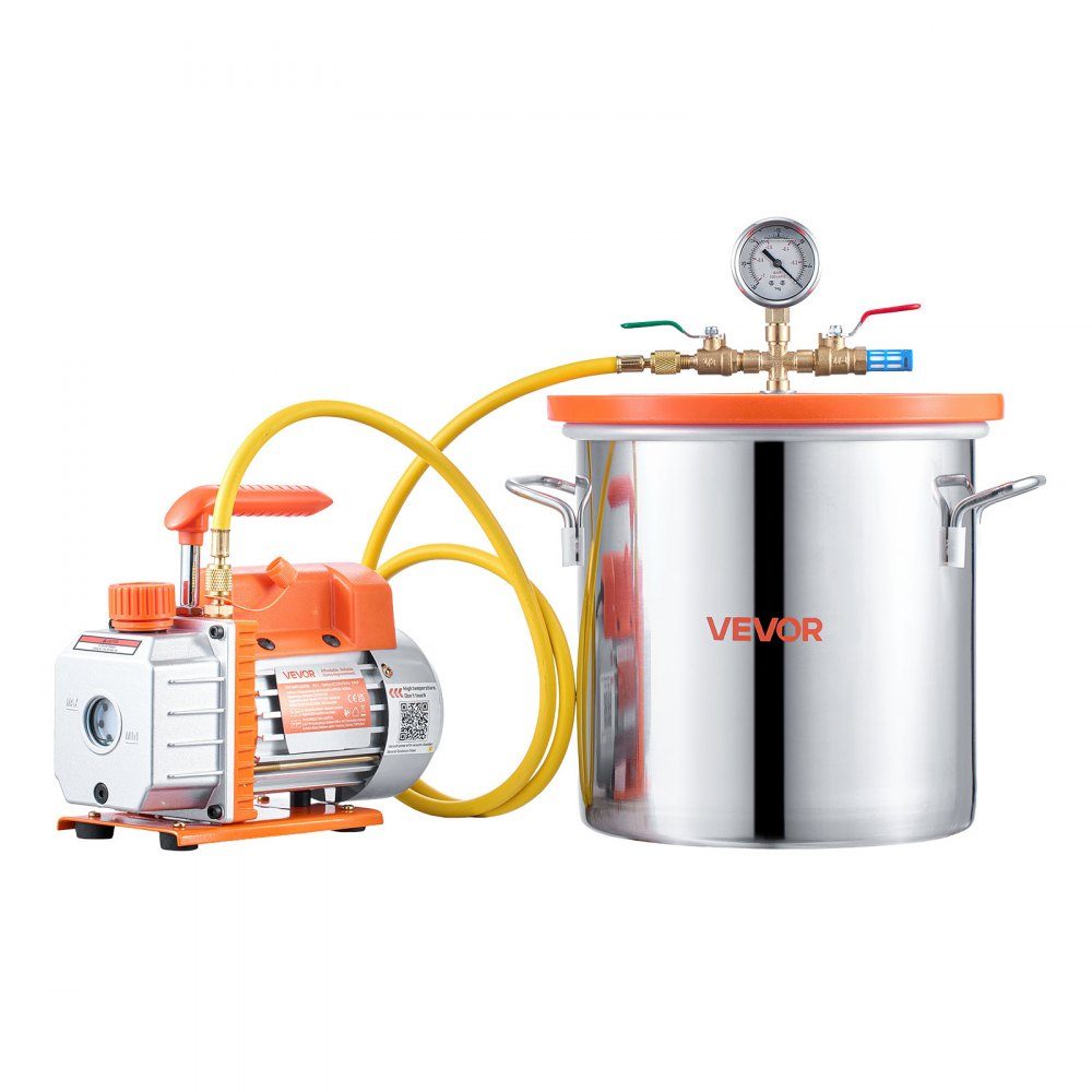 Pompe à vide avec chambre à vide de 11,4 L, 3,5 CFM 99 L/min, pompe à vide à 1 étage 180 W, kit de pompe à vide, tuyau de 1,5 m, pour stabiliser le bois et dégazer la résine de silicone