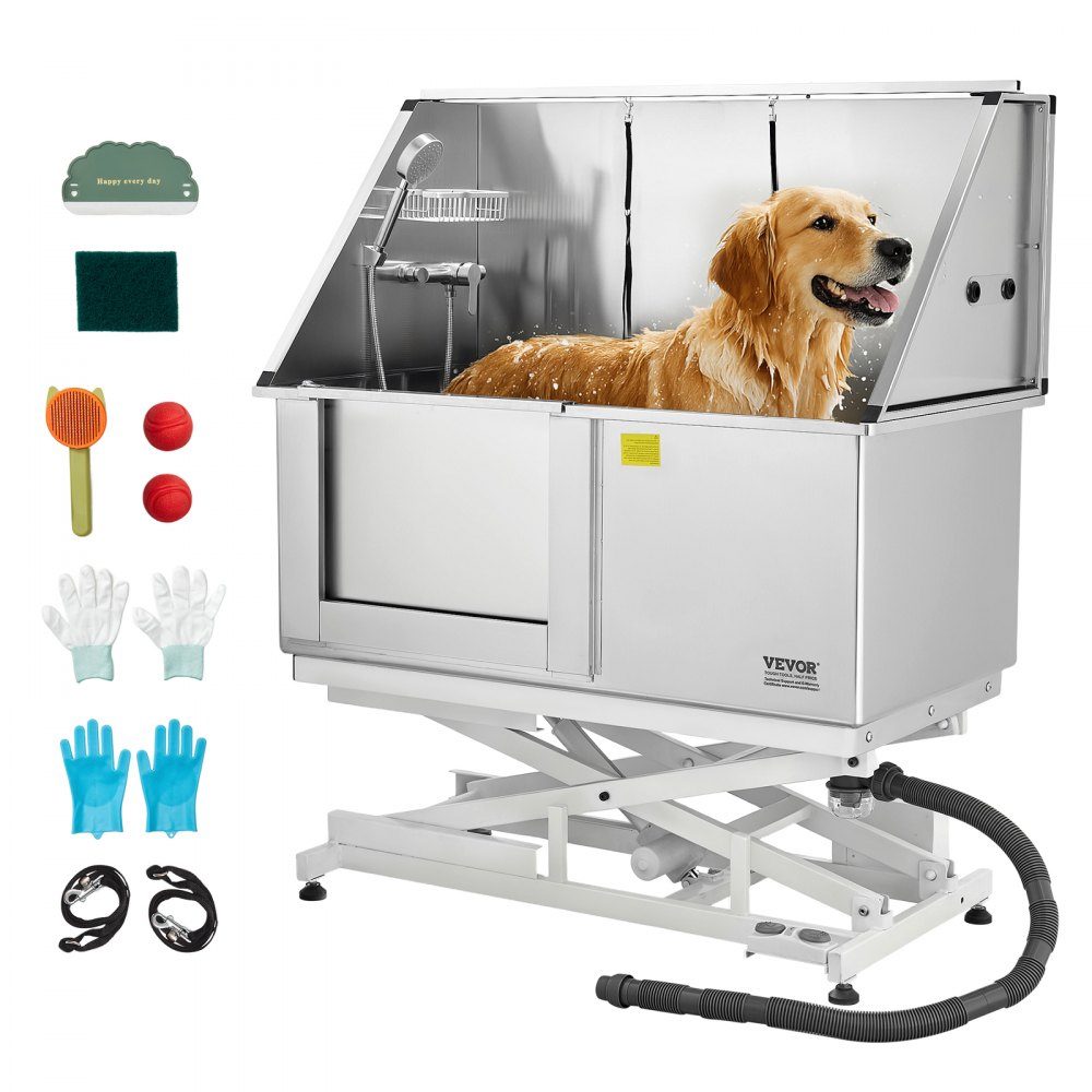 Electric Dog Washing Station with Lift Function, 50" Pet Grooming Tub with PE Water Filter Plate, Faucet and Shower Head, Dog Bathtub, Multi-Pet Sink (Left Door)