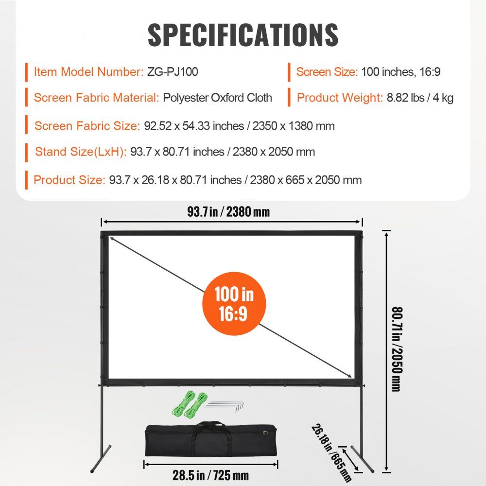 Projection Projector Screen with Stand, 100" HD 4K Outdoor Indoor Projector Screen, Quick Fold Portable Movie Screen 16:9 for Home Theater, Camping and Casual Events, Black