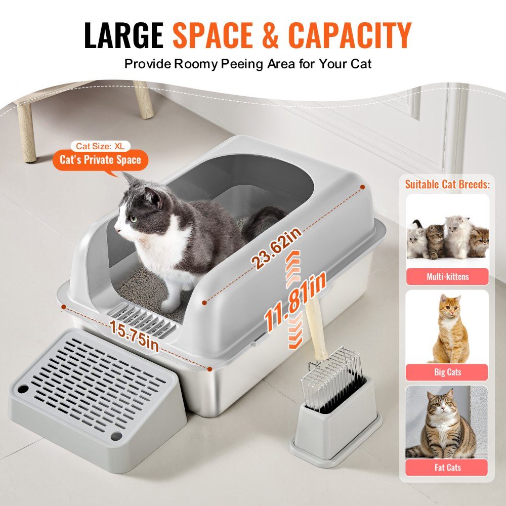 Litter Box 6" Deep XL Extra Large Stainless Steel Litter Box with Scoop Wide Filter Base and High Sides Closed Odor Free Easy Clean Litter Box Suitable for Large Cats
