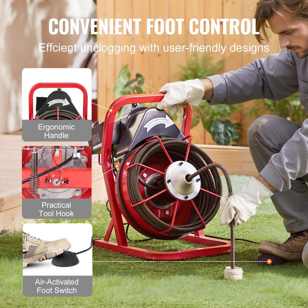 Pipe Cleaning Machine 50 FT x 1/2 Inch, Manual Feed Duct Spiral, 250W Electric Pipe Cleaning Machine with 4 Cutters and Air Activated Foot Switch for 2" to 4" Pipes