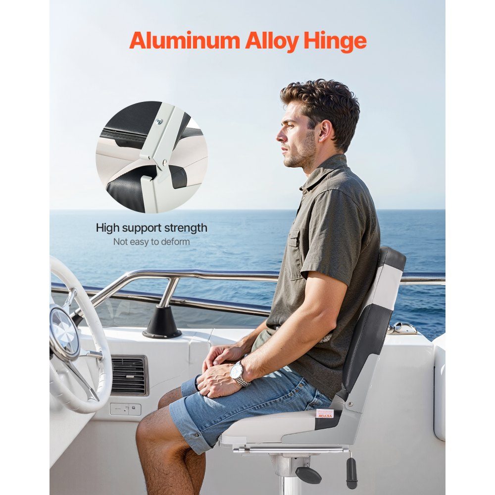 2pcs High Back Boat Seat Folding Fishing Boat Seat with Thick Sponge Cushion and Waterproof PVC Leather Aluminum Alloy Hinges Black Gray
