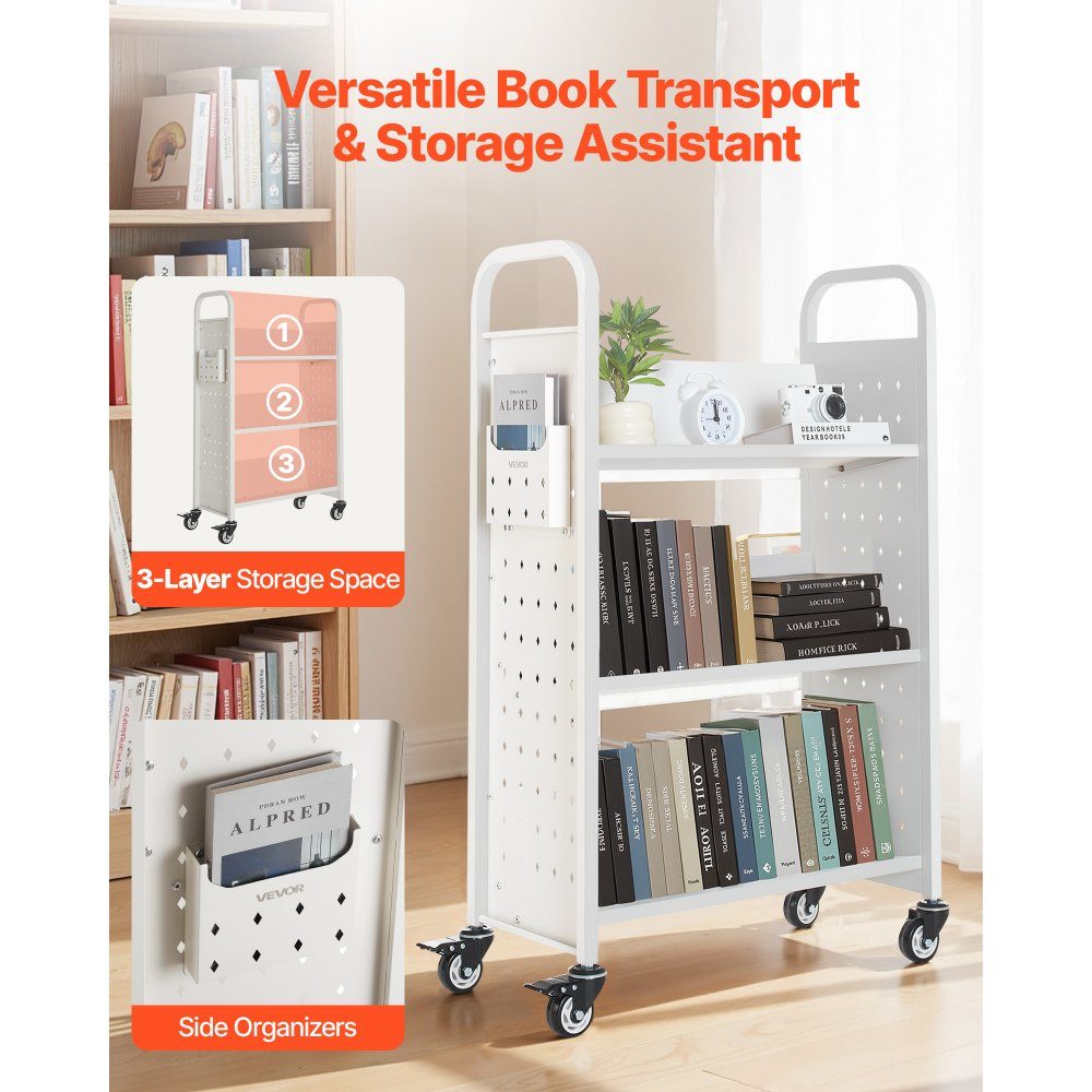 Bücherwagen, 150 kg Tragkraft, Bibliothekswagen, 77 x 38 x 122 cm, einseitiges V-förmiges Bücherregal mit Doppelbremsrädern, für Wohnzimmer, Büro, Schule, Weiß