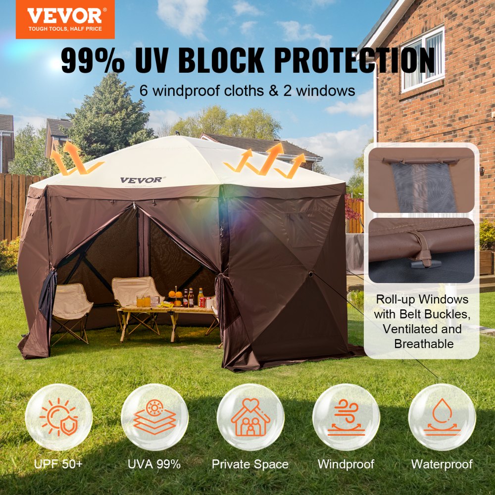 Pop-up tuinhuisje, pop-up tent met 6 zijluifels, zonnescherm met 6 verwijderbare privacywinddoeken en gaasramen, 12,5 x 12,5 voet, snel op te zetten tent met klamboe, bruin
