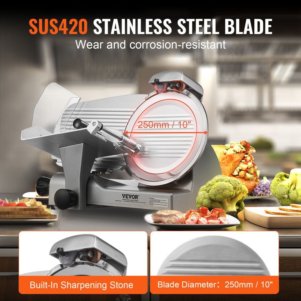 Trancheuse à viande commerciale 340 W trancheuse électrique polyvalente avec lame en acier au carbone de 10" épaisseur réglable de 0 à 15 mm pour la viande, le fromage, les légumes, etc.