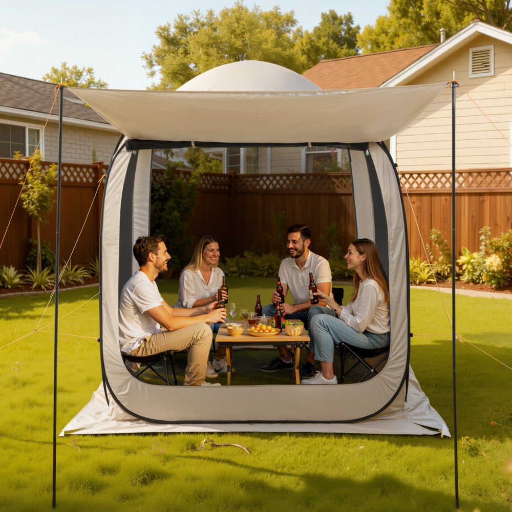 Campingzelt, 182,88 x 182,88 x 219,4 cm, Pop-up-Zelt mit einziehbarer Markise, tragbares Partyzelt für 4–6 Personen, inklusive Tragetasche und Seitenwänden, für Terrasse und Outdoor-Aktivitäten, Beige Campingzelt, 182,88 x 182,88 x 219,4 cm, Pop-up-Zelt mit einziehbarer Markise, tragbares Partyzelt für 4–6 Personen, inklusive Tragetasche und Seitenwänden, für Terrasse und Outdoor-Aktivitäten, Beige