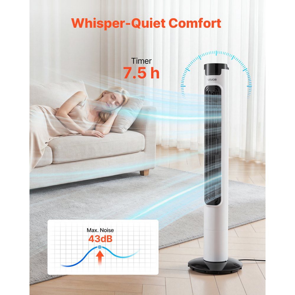 50W Tower Fan, 985mm Column Fan with 3 Speeds, 3 Modes, 7.5 Hour Timer, Max 4.2m/s, 50° Oscillating Fan with Remote Control, Quiet Pedestal Fan for Bedroom, White