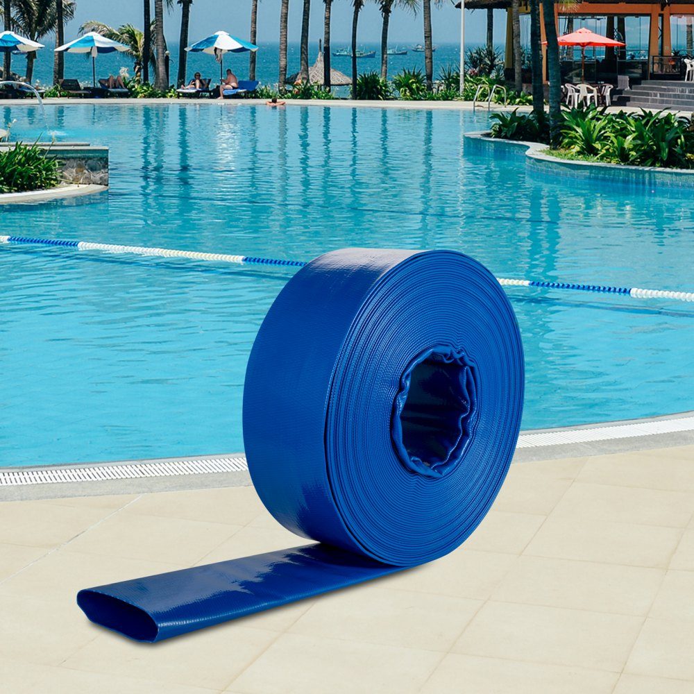 Ablaufschlauch, 38 mm x 32 m, Flachschlauch aus PVC-Gewebe, robuster Rückspül-Ablaufschlauch mit Klemmen, wetterfest und platzsicher, ideal für Schwimmbad und Wasserübertragung, Blau