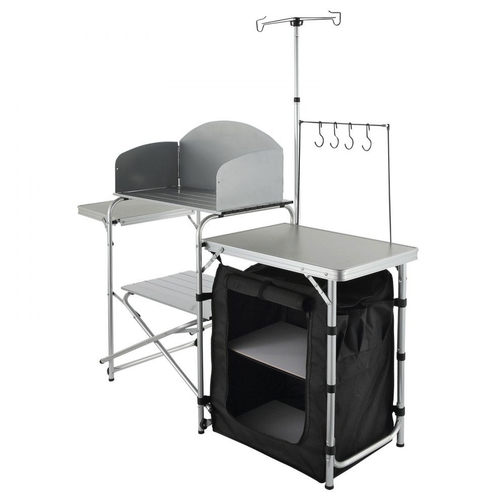 Cuisine de camping d'extérieur pliable 78 x 49 x 13 cm, armoire de camping en aluminium, cuisine de camping avec protection contre le vent, meubles de camping, cuisine de voyage incl. crochets et poteau de lampe 66-121 cm, placard de cuisine, table de cam