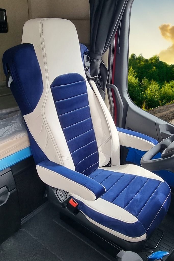 Handgefertigte hochwertige Actros LKW SITZBEZÜGE MERCEDES ACTROS MP5 MP 5 marineblau-beige Komplettset