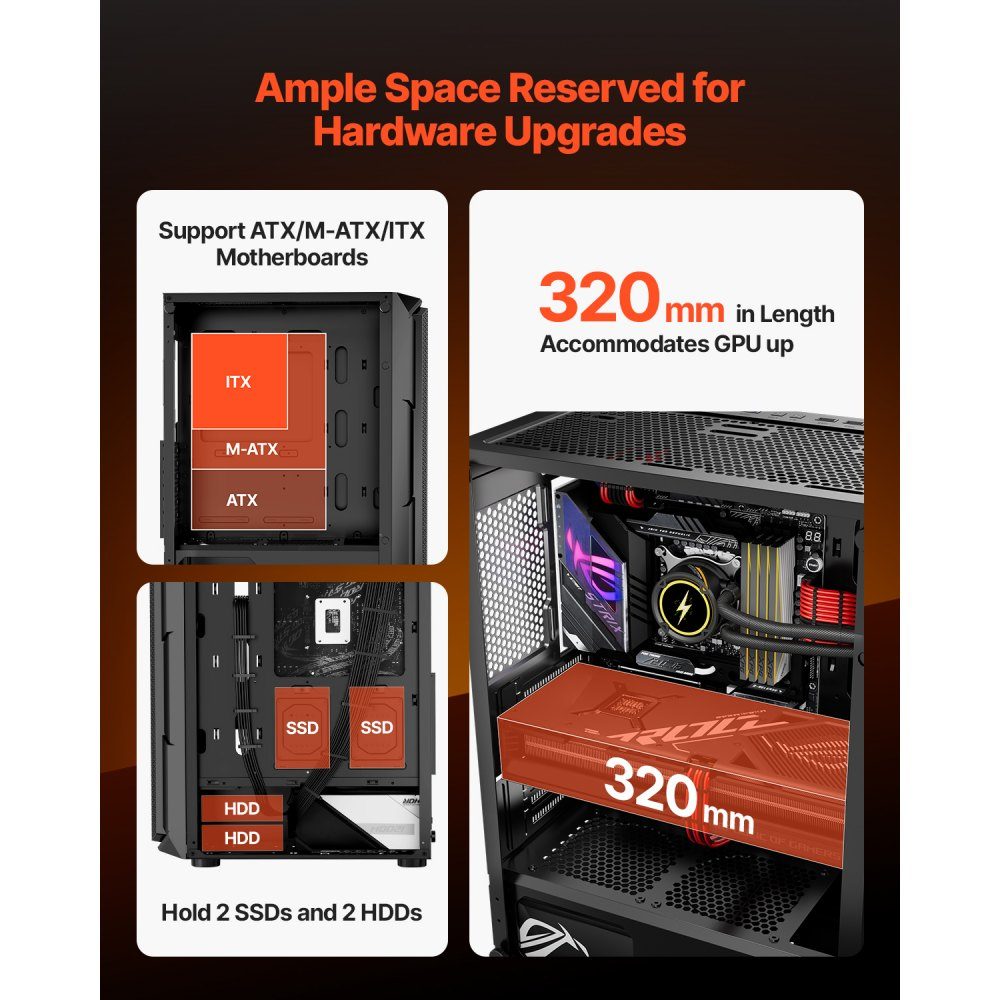 PC Gaming Case, Mid-Tower, High Airflow Tempered Glass Panel, Dust Filter, 4x 120mm ARGB Fans, Cable Management, for GPUs up to 320mm Length, for ATX / M-ATX / ITX