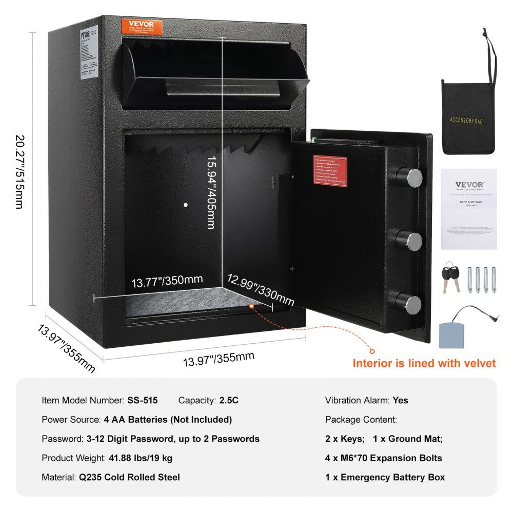 2,5L Pfandtresor, Pfandtresor mit Einwurfschlitz, elektronischem Codeschloss und 2 Notschlüsseln, 355 x 355 x 515 mm, Business-Einwurftresor für Bargeld, Zuhause, Hotel, Büro usw
