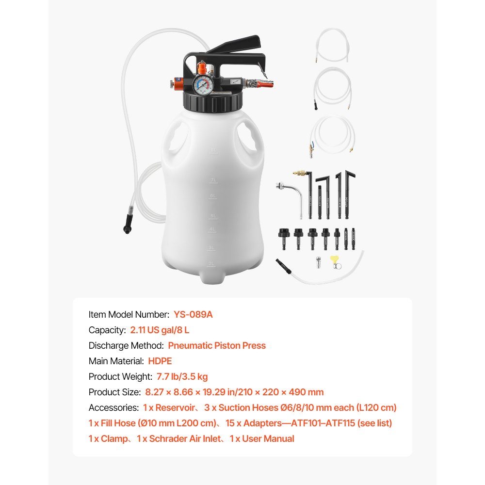 Getriebeölpumpe 8L, pneumatische Transferpumpe mit 15 ATF-Adaptern, Getriebeöleinfüller mit HDPE-Tank, Ölsaugpumpe, Öleinfüller, Öleinfüller, Pumpenwerkzeug für Autos und Boote