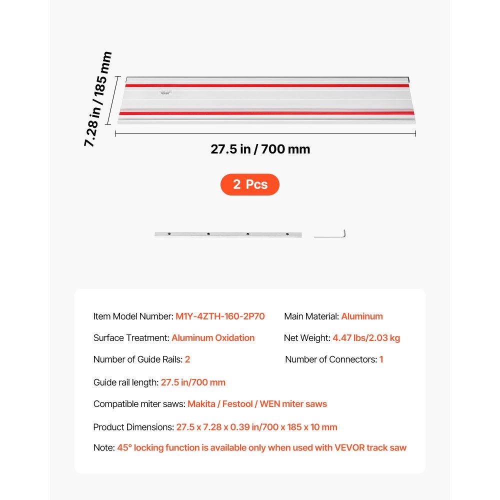 Guide rail hand circular saws, including 2 pieces 700mm aluminum circular saw rails and 1 connector, compatible with different brands of plunge saws, for woodworking projects