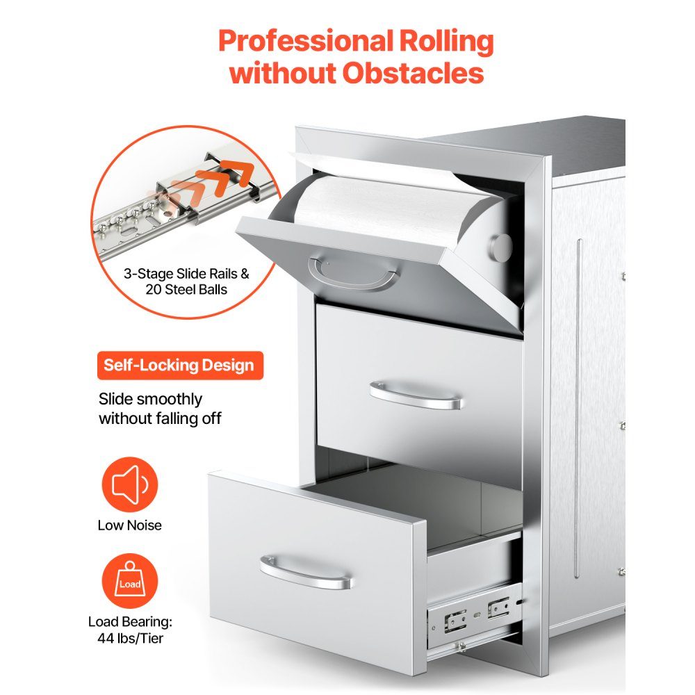 Outdoor Kitchen Drawers, Triple Access Stainless Steel Drawer Cabinet, Grill Island Drawer Storage with Paper Towel Holder and Handle, for Grill Station