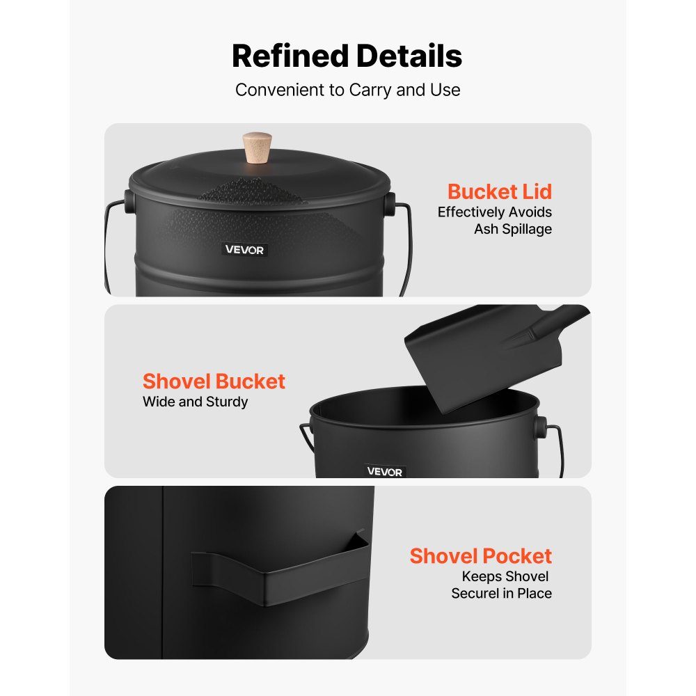 Ash bucket with lid, 4-piece set, including charcoal bucket, shovel, broom & gloves, fireplace charcoal bucket & ash can made of metal, 15 L capacity for fireplaces, fireplaces, wood stoves