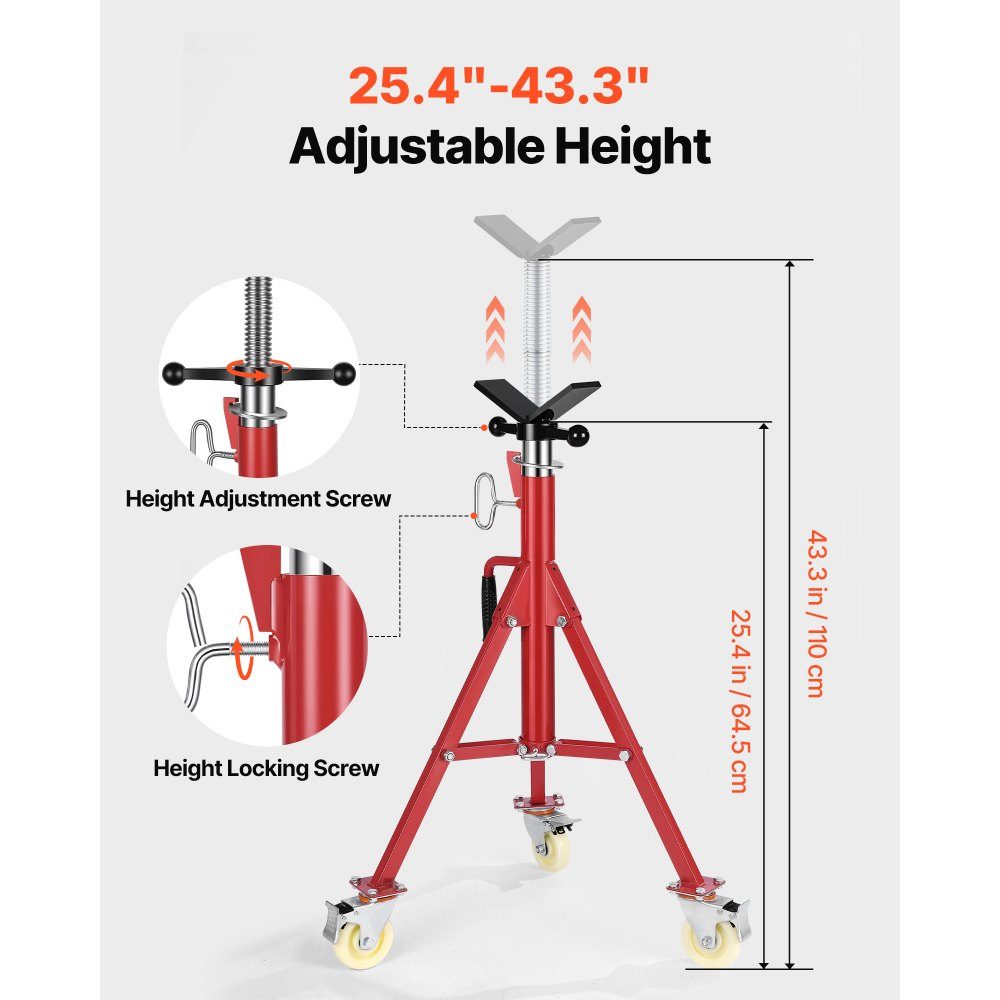 Pipe stand 400 kg load capacity, pipe support with 2 ball transfer V-head, pipe stand height adjustable 20-37 inch height, folding pipe stand for thread cutting machines rolling grooves