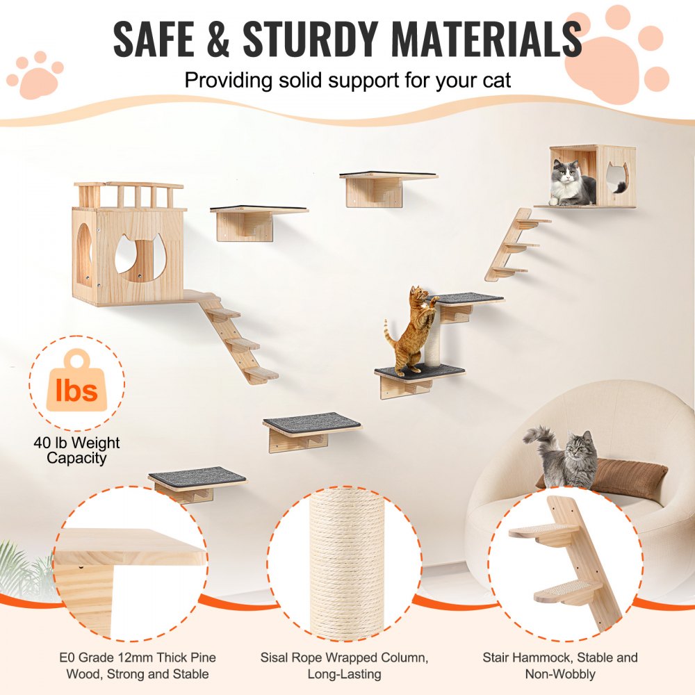 Wandmontierte Katzenregale, Katzenwandregale und Sitzstangen mit Sprungbrettern, Katzenbetten, Hängematten und Kratzbaum, Katzenmöbel und Regale bis 18 kg zum Schlafen, Spielen, Klettern, 9er-Set Wandmontierte Katzenregale, Katzenwandregale und Sitzstangen mit Sprungbrettern, Katzenbetten, Hängematten und Kratzbaum, Katzenmöbel und Regale bis 18 kg zum Schlafen, Spielen, Klettern, 9er-Set