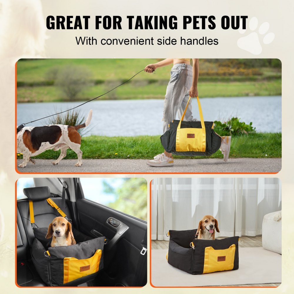 Dog Car Seat Booster Seat with Side Handles and Storage Bag, Attachable Safety Leash and PP Cotton Filling, Dog Car Bed for Small Dogs up to 25 Pounds, Black