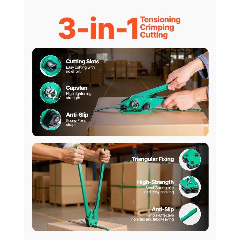 6-teiliges Umreifungsset mit Umreifungsband, manuelles Umreifungsgerät mit 457 m PET-Band, 450 Metallklammern, 150 Kantenschutz, perfekte Werkstattausrüstung für Verpackung, Transport und Lagerung