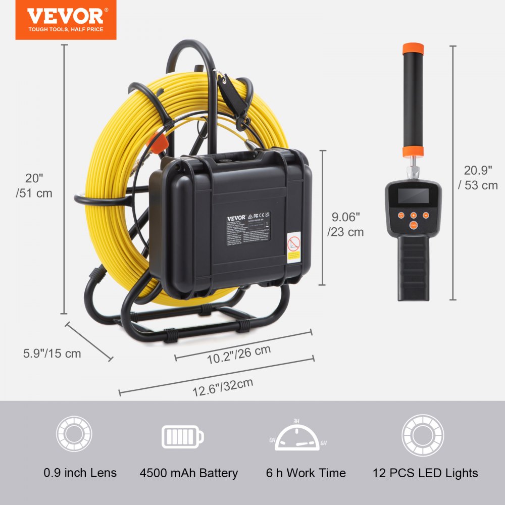 Sewer Camera with 512Hz Locating, 91.5m, 23cm Pipe Inspection Camera with DVR Function, IP68 Camera with 12 Adjustable LEDs, a 16GB SD Card for Sewer Pipe, House, Sewer, Drain Pipe Sewer Camera with 512Hz Locating, 91.5m, 23cm Pipe Inspection Camera with DVR Function, IP68 Camera with 12 Adjustable LEDs, a 16GB SD Card for Sewer Pipe, House, Sewer, Drain Pipe