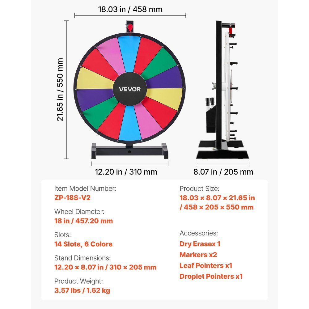 Roue de la Fortune, Roue de la Fortune (457 mm), 14 Compartiments, Roue de la Fortune avec Support, Jeux de Loterie, Gagner, Roulette, avec Tableau Éponge et 2 Marqueurs, 6 Couleurs, Roue des Prix, Idéale pour Fête, Pub, Foire Commerciale