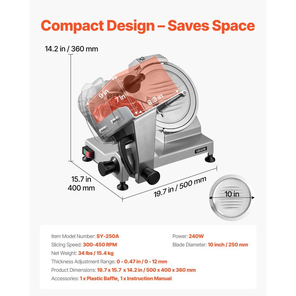 Trancheuse électrique multi-usages lame 250 mm, trancheuse multi-usages 240 W avec affûteur intégré et épaisseur de coupe réglable de 0 à 12 mm, pour jambon de viande surgelé