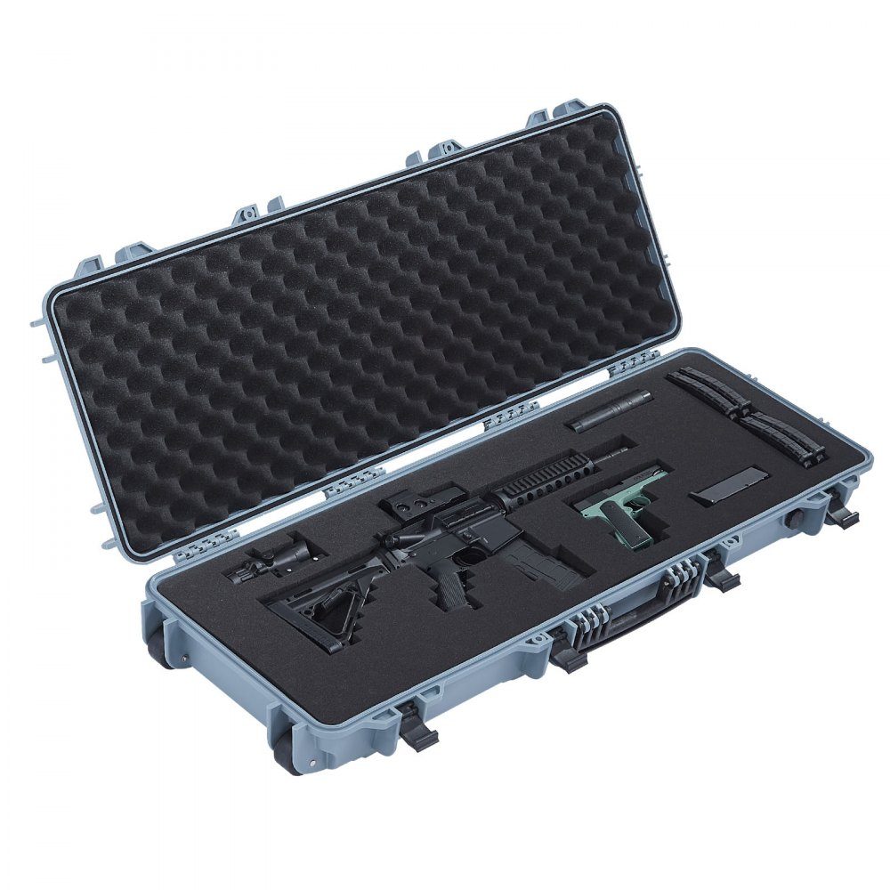 Waffenkoffer mit Hartschale für Langwaffen, abschließbarer Waffenkoffer mit vorgeschnittenem Schaumstoff, Langwaffenkoffer, Waffenaufbewahrung, rollbar, IP67 wasserdicht, 109 x 41 x 15,5 cm grau