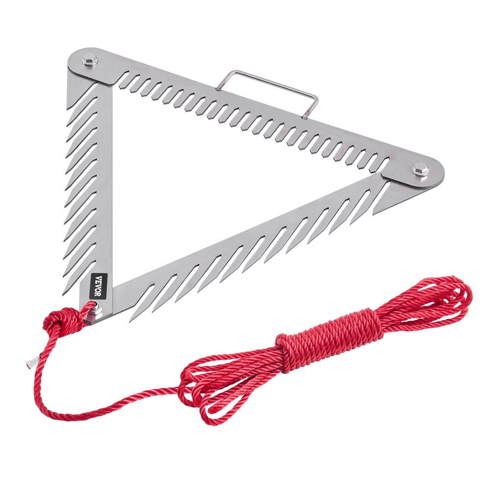 Râteau de bassin 515x540x9 mm, râteau à joncs de mer 3 côtés avec manche, rasoir à herbe de bassin pliable, coupe-herbe de bassin en acier inoxydable avec corde de 9 m, pour lacs et étangs